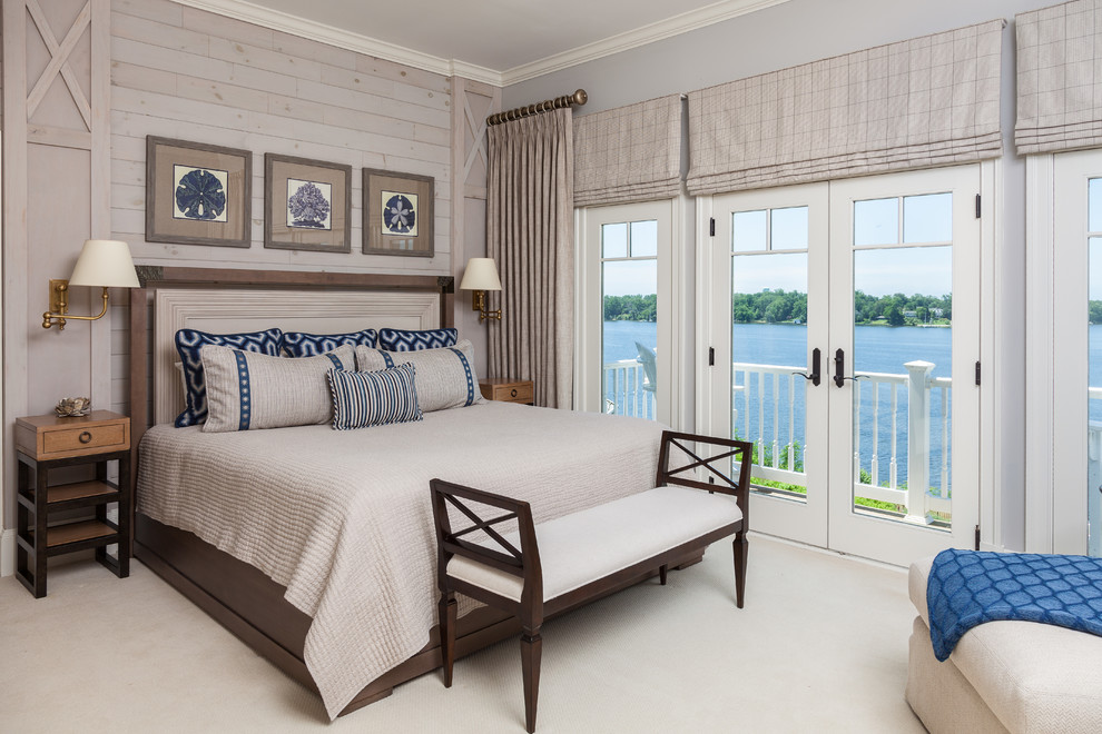 Пример оригинального дизайна: гостевая спальня (комната для гостей) в стиле неоклассика (современная классика) с серыми стенами