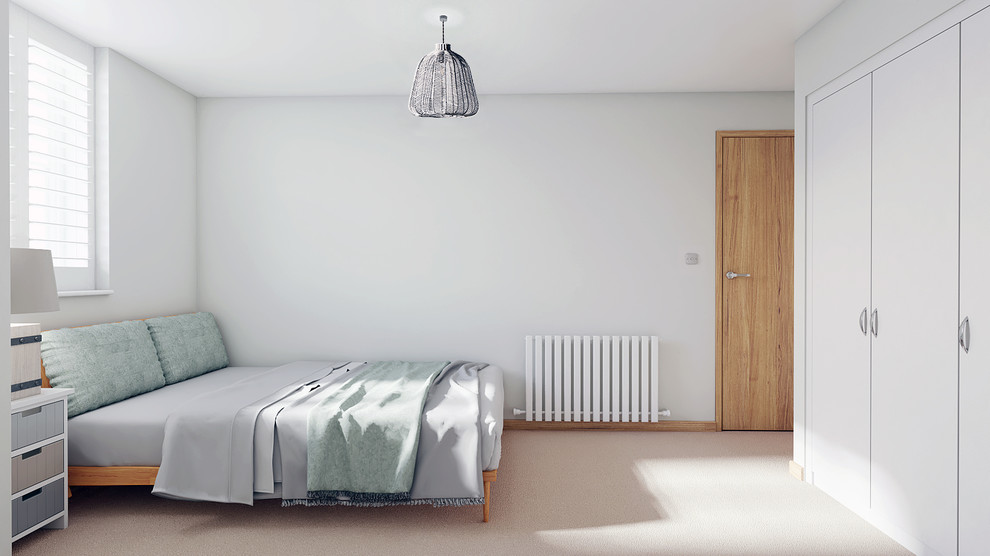 ケンブリッジシャーにある小さなビーチスタイルのおしゃれな客用寝室 (白い壁、カーペット敷き) のレイアウト