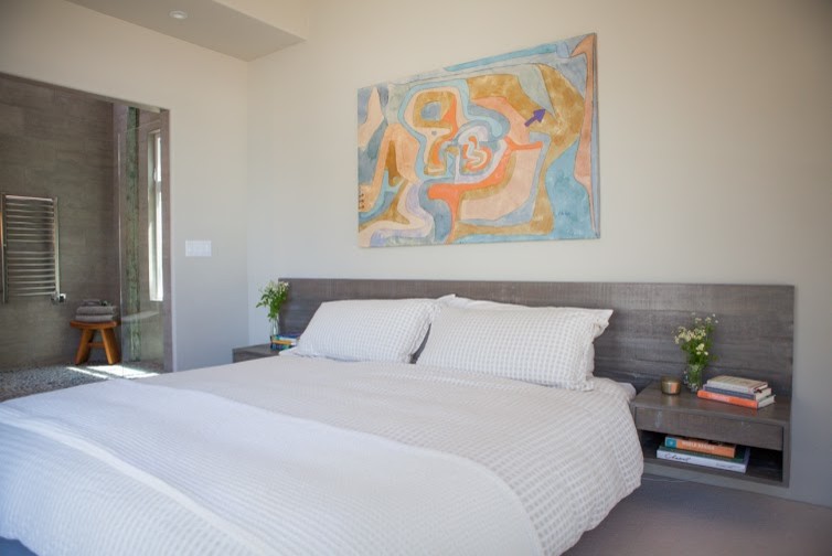 Foto di una camera da letto stile loft moderna di medie dimensioni con pareti grigie, moquette, nessun camino e pavimento beige
