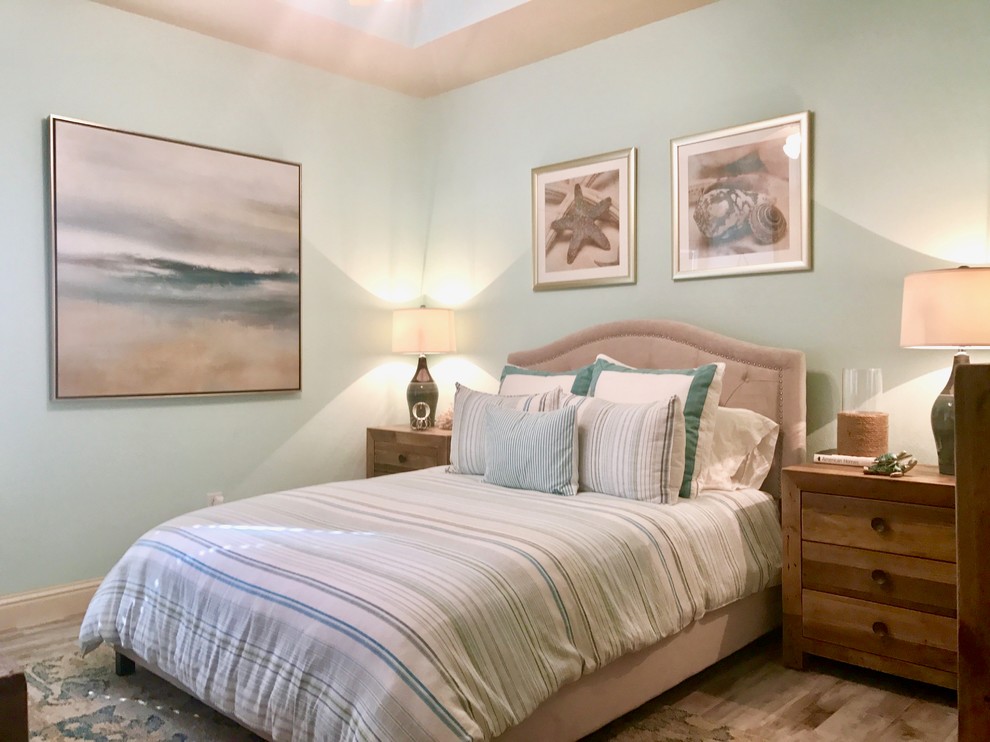 Photo of a medium sized coastal guest bedroom in Dallas with blue walls and ceramic flooring.