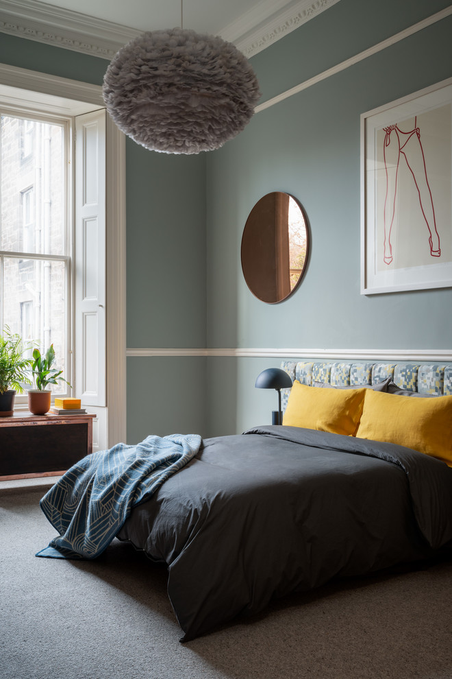 Photo of a large contemporary guest and grey and yellow bedroom in Edinburgh with carpet, no fireplace, grey floors, grey walls and a dado rail.