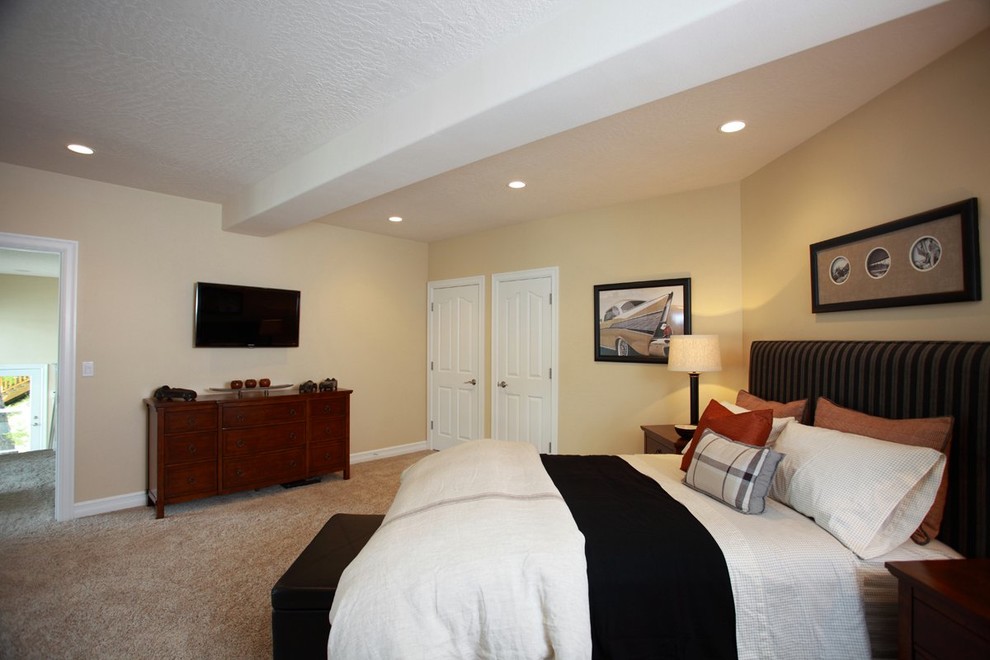 Large transitional master carpeted and beige floor bedroom photo in Seattle with beige walls