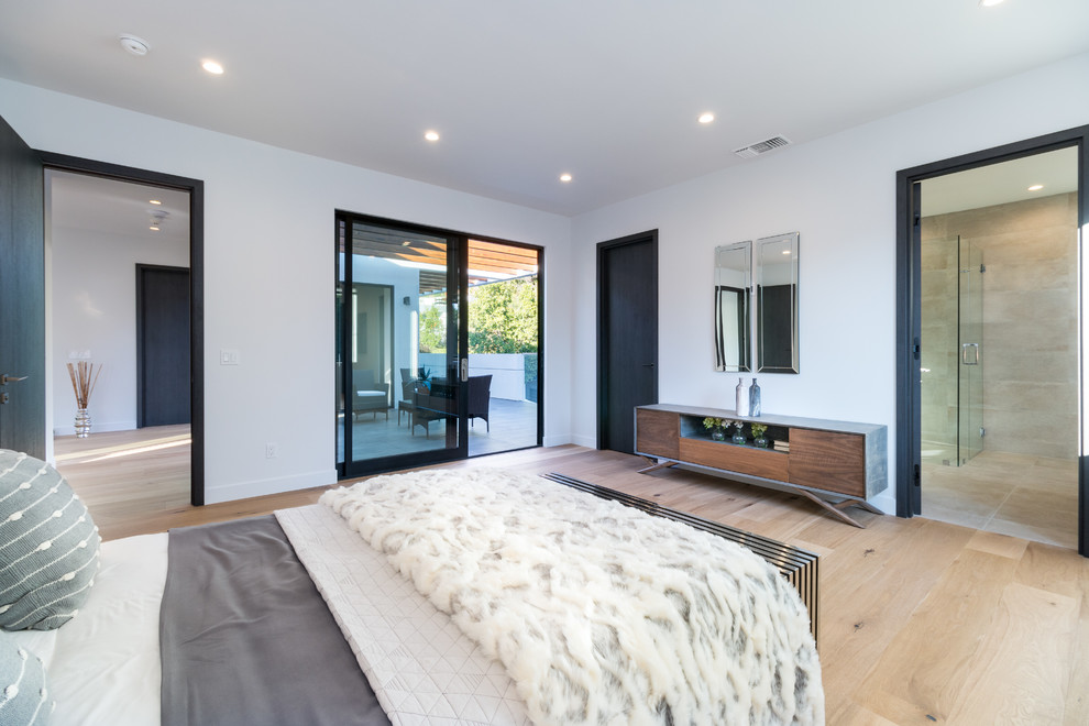 Photo of a contemporary master bedroom in Los Angeles with white walls, light hardwood flooring and beige floors.