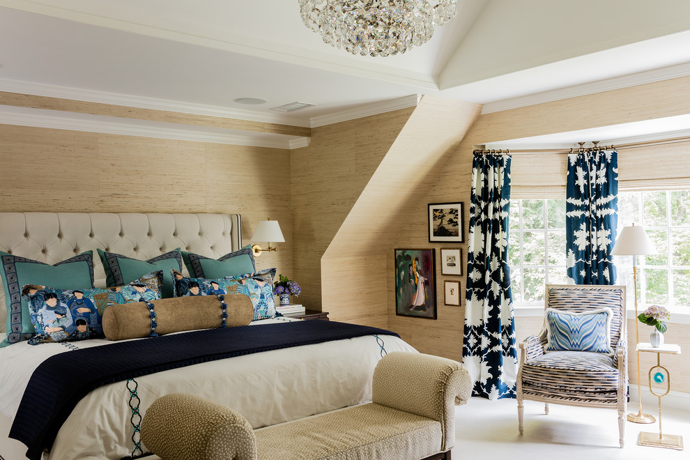 Example of a transitional master carpeted bedroom design in Boston with beige walls
