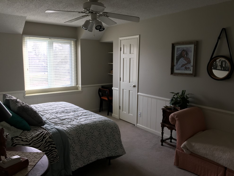 Medium sized classic guest bedroom in Indianapolis with grey walls, carpet, no fireplace and beige floors.