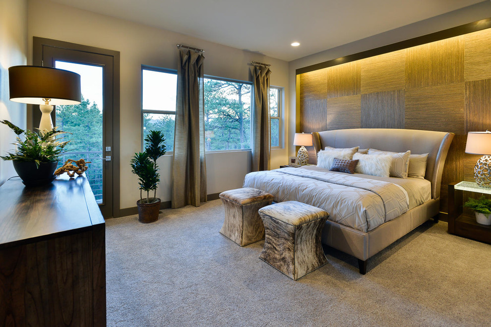 Bedroom - mid-sized contemporary master carpeted and beige floor bedroom idea in Denver with gray walls and no fireplace