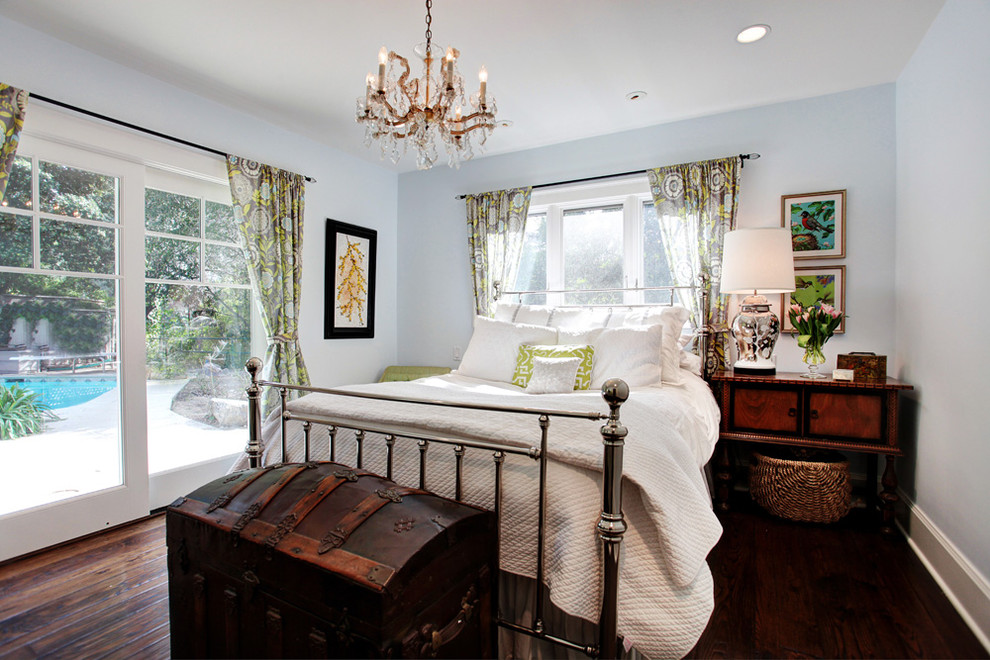 Design ideas for a classic bedroom in Other with grey walls and dark hardwood flooring.