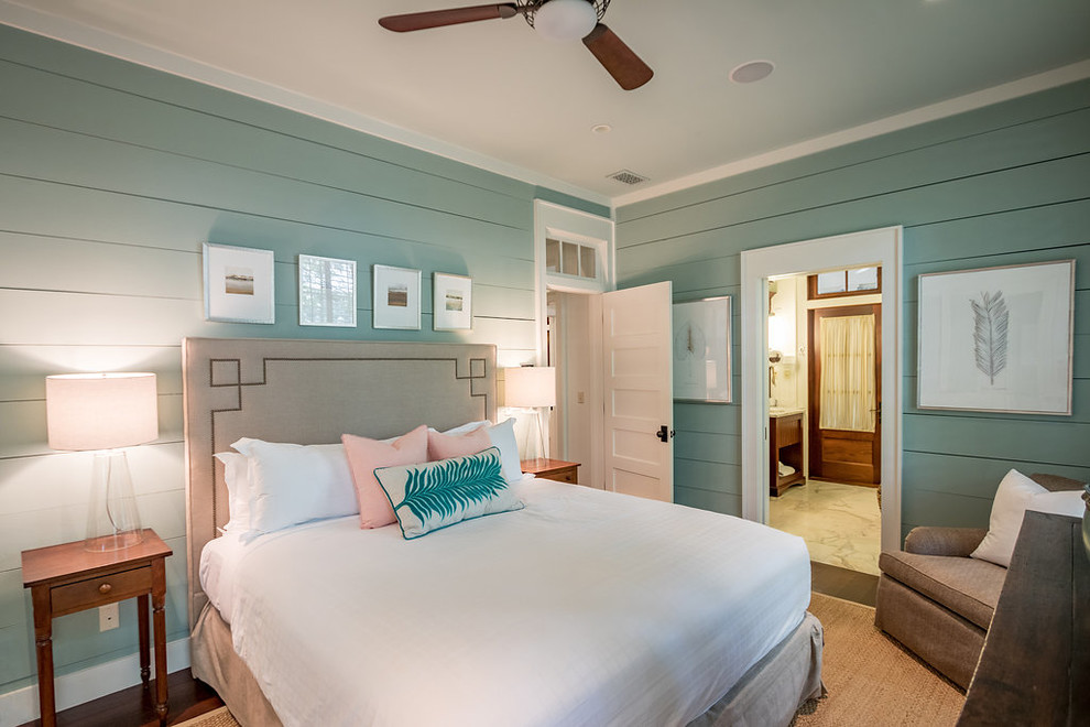Photo of a nautical master bedroom in Atlanta with green walls and no fireplace.