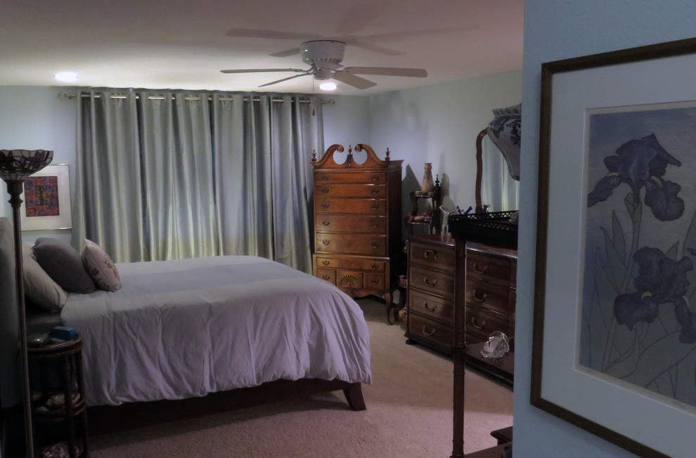 Пример оригинального дизайна: хозяйская спальня среднего размера в стиле фьюжн с синими стенами и ковровым покрытием