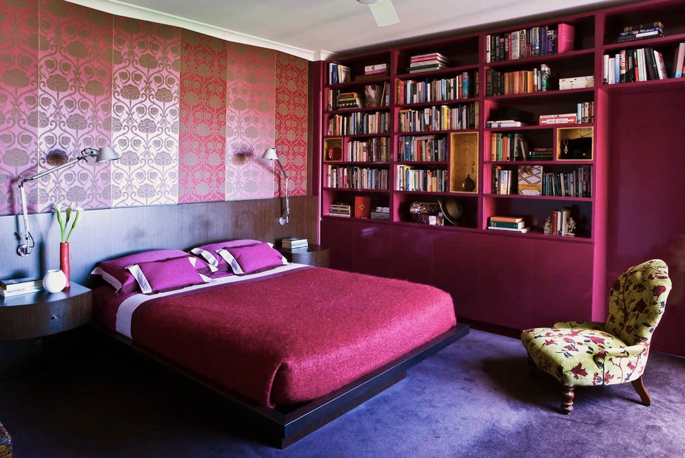Bedroom - eclectic carpeted and purple floor bedroom idea in Sydney with pink walls