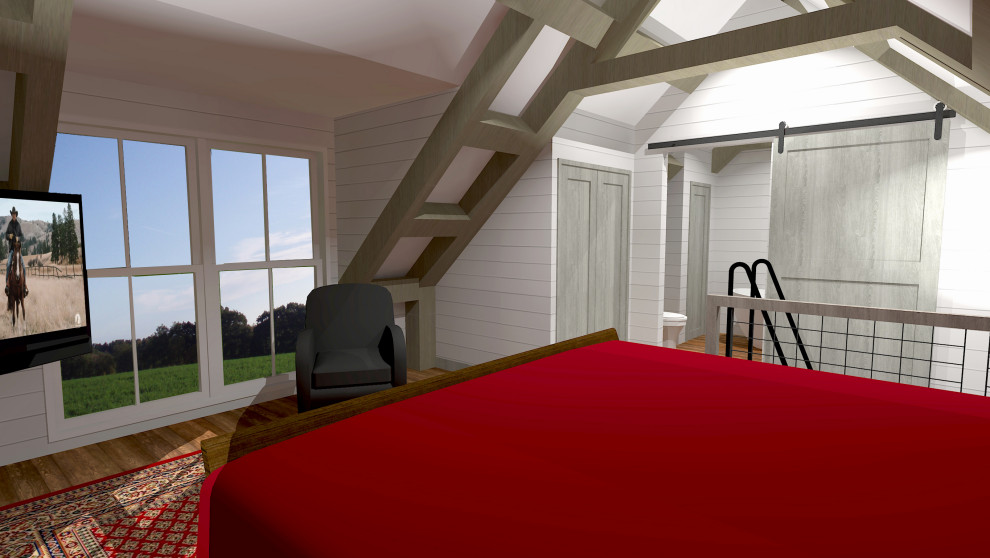 Imagen de dormitorio principal de estilo de casa de campo pequeño sin chimenea con paredes blancas, suelo de madera oscura, suelo marrón, vigas vistas y machihembrado