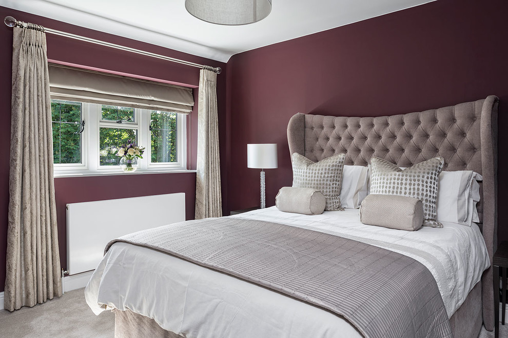 Photo of a medium sized traditional guest and grey and silver bedroom in Berkshire with purple walls, carpet and grey floors.