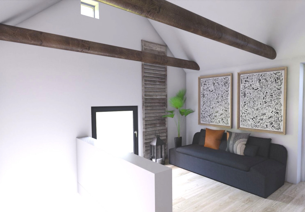 Immagine di una camera da letto stile loft scandinava con pareti beige e parquet chiaro