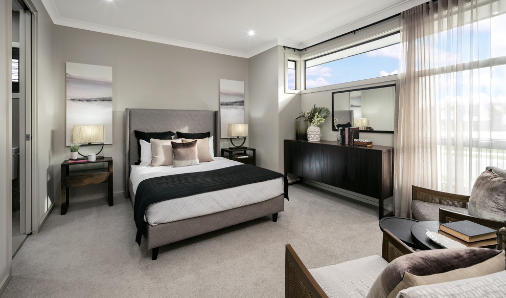 Large contemporary master bedroom in Newcastle - Maitland with grey walls, carpet and grey floors.