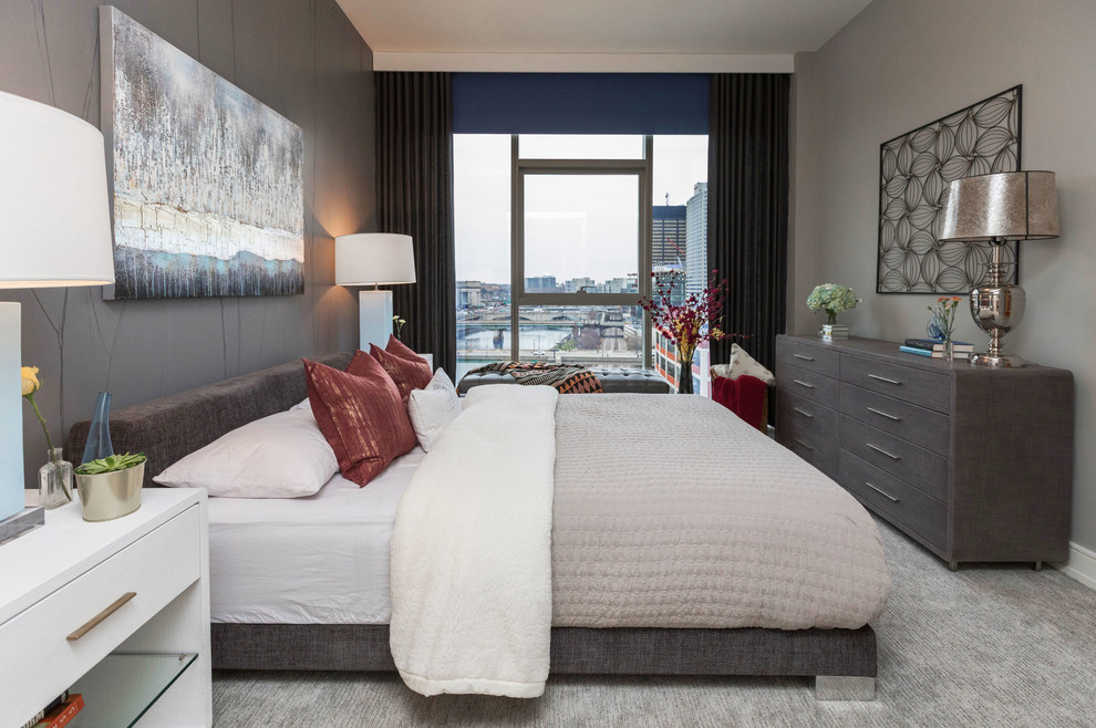 Mittelgroßes Modernes Hauptschlafzimmer ohne Kamin mit grauer Wandfarbe, Teppichboden und grauem Boden in Philadelphia