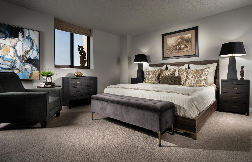 Design ideas for a medium sized traditional master bedroom in Other with grey walls, carpet and beige floors.