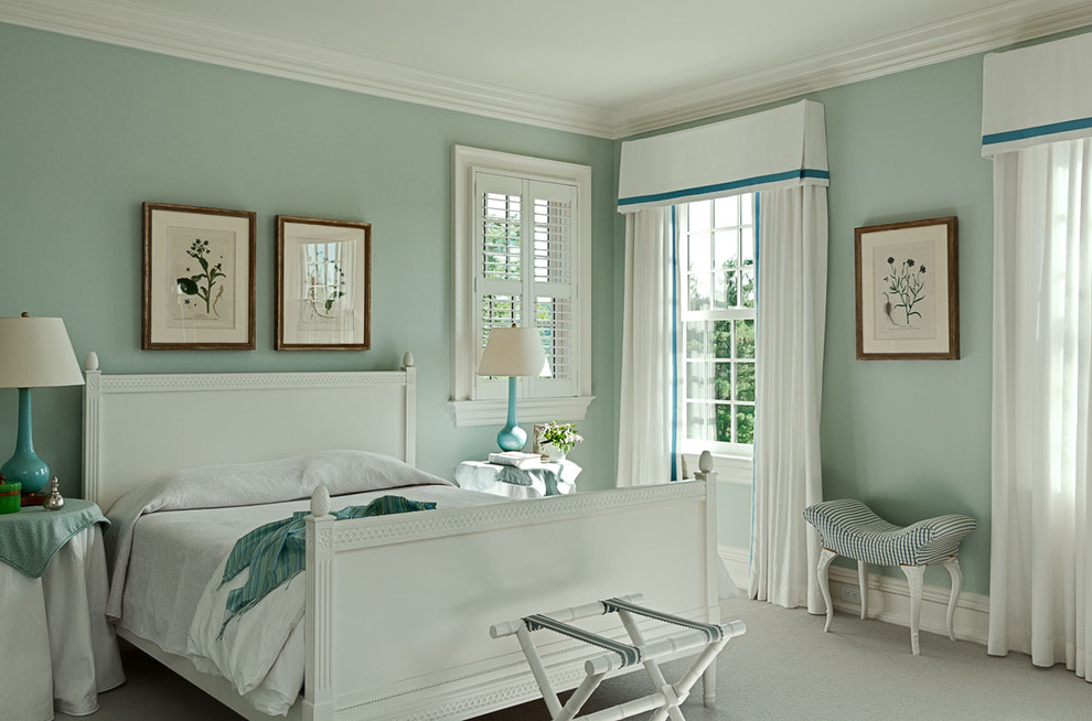 Inspiration for a timeless carpeted bedroom remodel in New York with blue walls