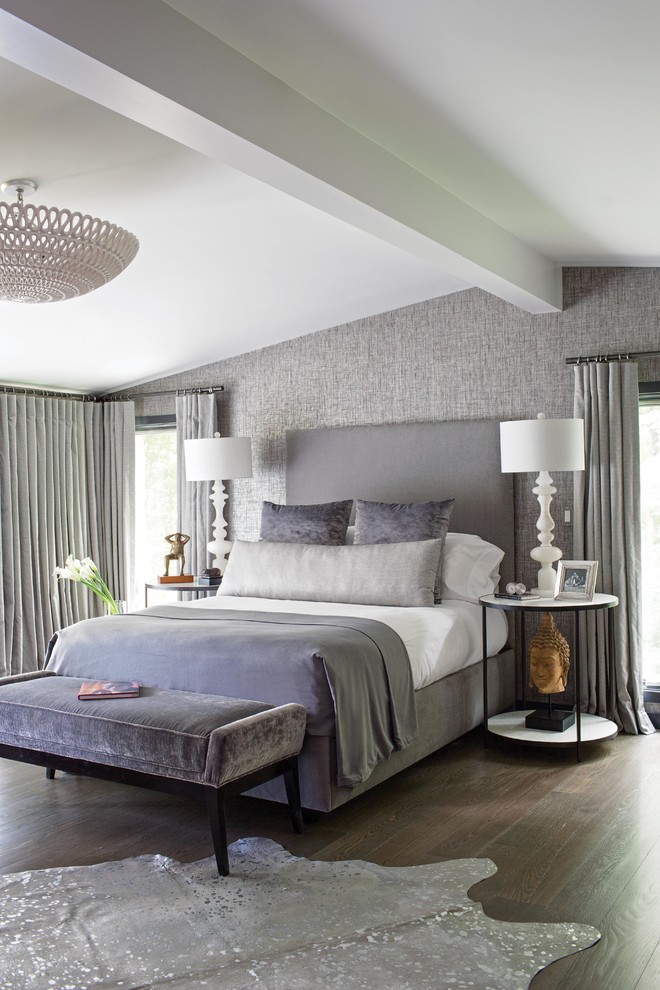 Inspiration for a large contemporary master and grey and brown bedroom in New York with grey walls, dark hardwood flooring, brown floors and feature lighting.