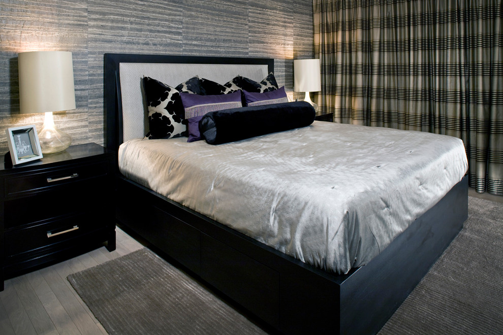 Design ideas for a contemporary grey and silver bedroom in Phoenix.