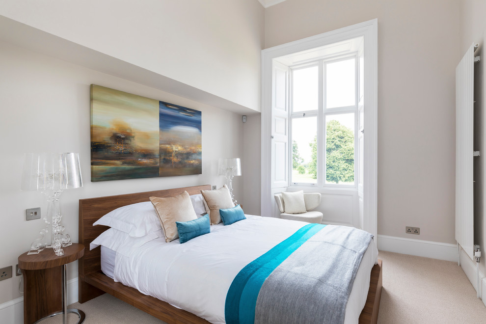 Immagine di una camera da letto minimal di medie dimensioni con moquette, nessun camino, pavimento beige e pareti beige