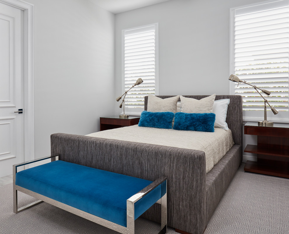 Design ideas for a medium sized contemporary guest bedroom in Miami with white walls, carpet and grey floors.