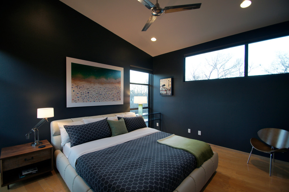 This is an example of a small modern master bedroom in Austin with black walls and light hardwood flooring.