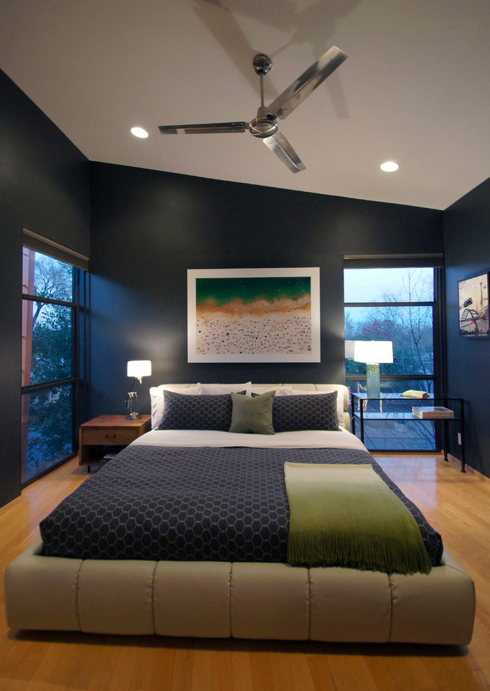 Kleines Modernes Hauptschlafzimmer mit schwarzer Wandfarbe und hellem Holzboden in Austin