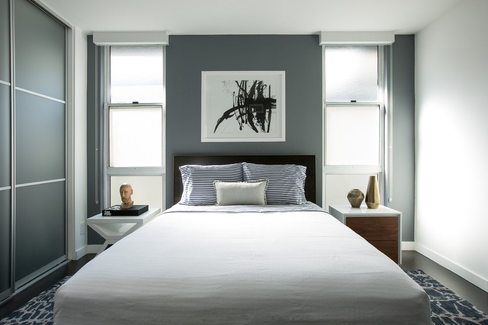 Идея дизайна: гостевая спальня среднего размера, (комната для гостей) в современном стиле с серыми стенами, ковровым покрытием и черным полом