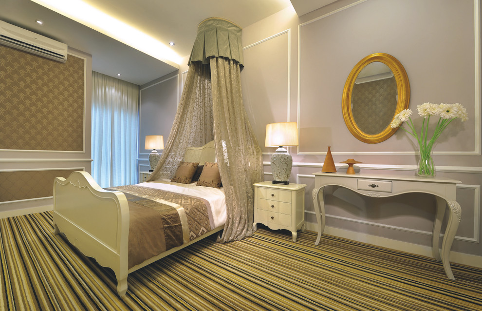 Imagen de dormitorio contemporáneo con moqueta