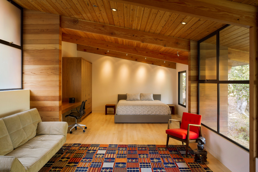 На фото: хозяйская спальня на мансарде в современном стиле с белыми стенами и светлым паркетным полом с