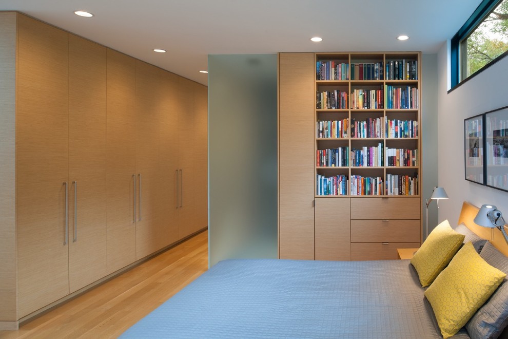 Diseño de habitación de invitados contemporánea sin chimenea con paredes multicolor y suelo de madera clara