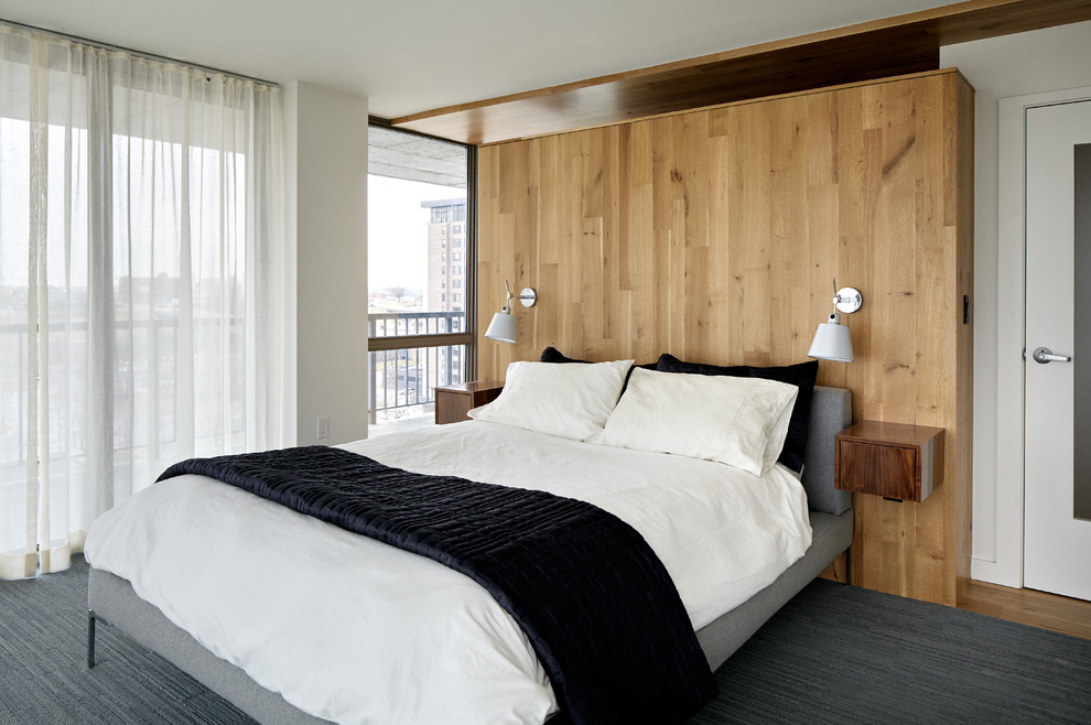 Свежая идея для дизайна: большая хозяйская спальня в современном стиле с ковровым покрытием, серым полом, тюлем и белыми стенами без камина - отличное фото интерьера