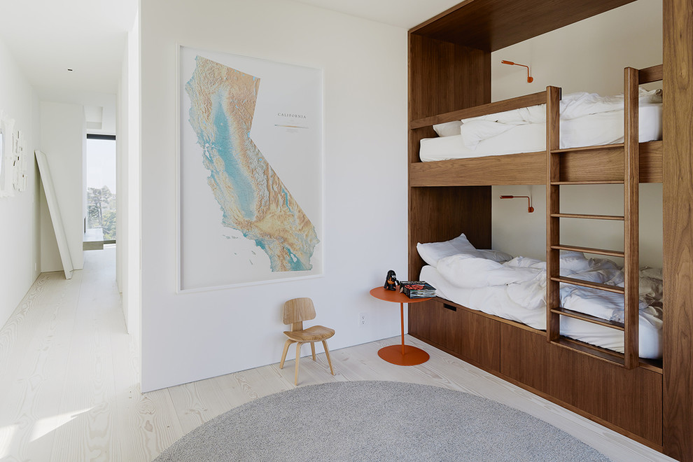На фото: гостевая спальня среднего размера, (комната для гостей) в современном стиле с белыми стенами и светлым паркетным полом без камина