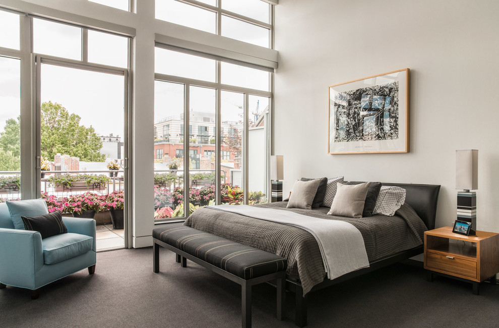 Aménagement d'une chambre avec moquette contemporaine de taille moyenne avec un mur blanc.