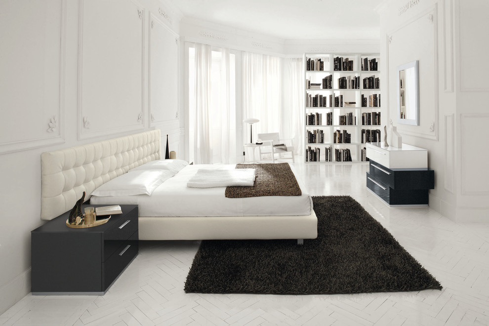 Design ideas for a contemporary bedroom in Other with white walls, painted wood flooring and white floors.