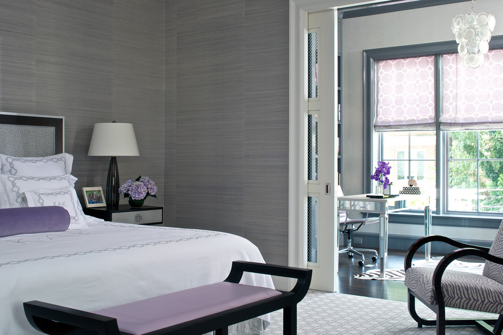 Design ideas for a classic master and grey and purple bedroom in Chicago with grey walls and no fireplace.