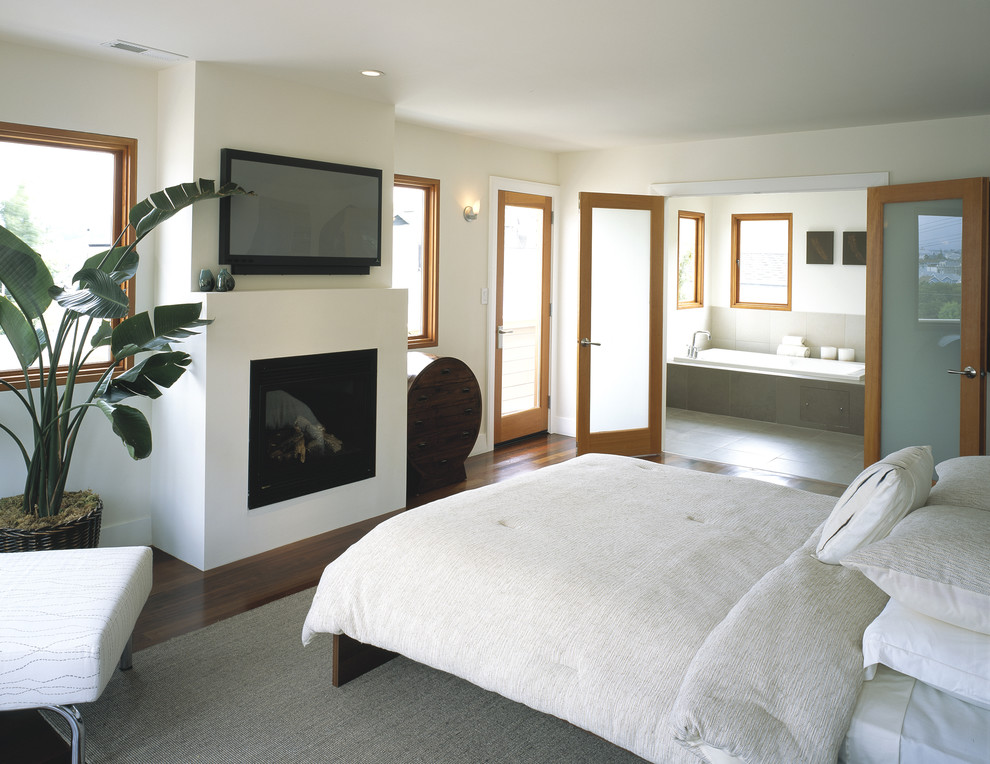 Inspiration for a contemporary medium tone wood floor bedroom remodel in San Francisco with beige walls and a standard fireplace