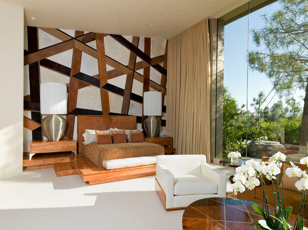 Photo of a contemporary bedroom in Austin with multi-coloured walls and carpet.