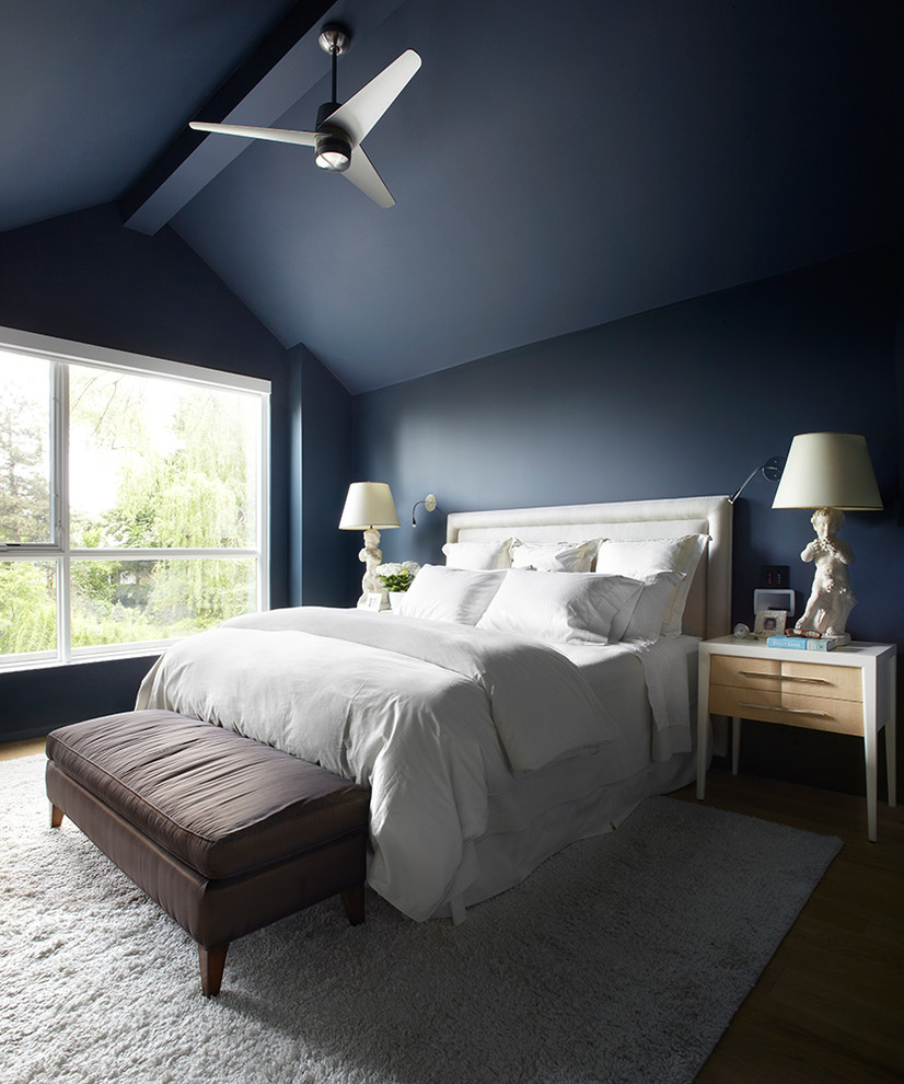 トロントにあるコンテンポラリースタイルのおしゃれな寝室 (青い壁) のレイアウト