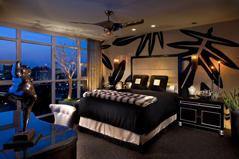 Imagen de dormitorio contemporáneo con paredes multicolor, moqueta y suelo negro