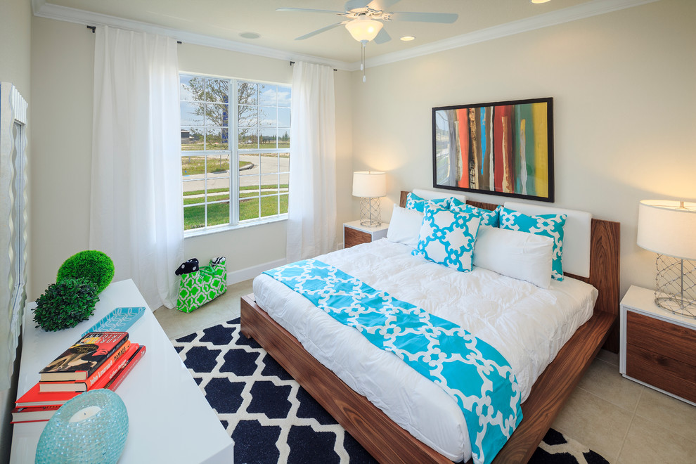 Trendy bedroom photo in Orlando with beige walls