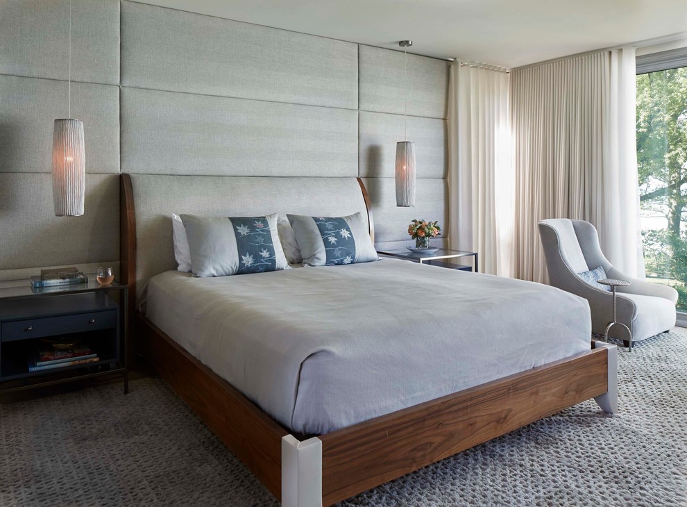 Inspiration for a contemporary master bedroom in Chicago with grey walls, carpet and grey floors.