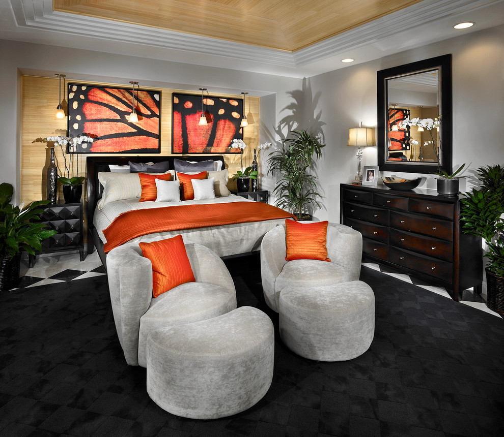 Photo of a contemporary bedroom in Other with grey walls and multi-coloured floors.