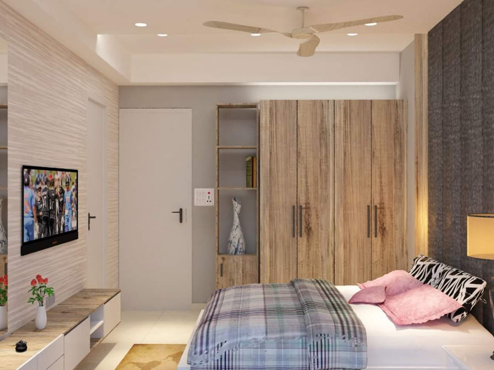 Стильный дизайн: хозяйская спальня среднего размера в современном стиле с серыми стенами, полом из керамической плитки, белым полом, многоуровневым потолком и обоями на стенах - последний тренд
