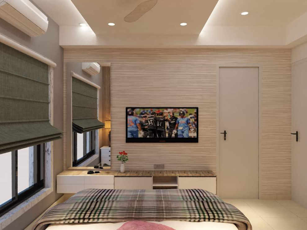 コルカタにある中くらいなコンテンポラリースタイルのおしゃれな主寝室 (グレーの壁、セラミックタイルの床、白い床、折り上げ天井、壁紙) のインテリア