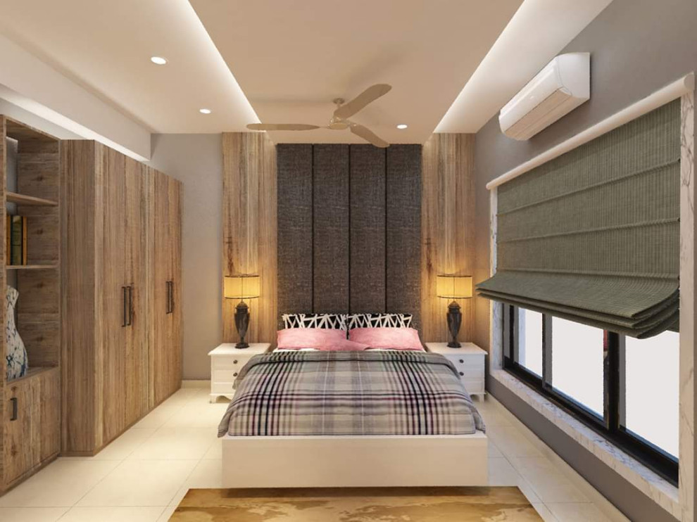 Diseño de dormitorio principal actual de tamaño medio con paredes grises, suelo de baldosas de cerámica, suelo blanco, bandeja y papel pintado