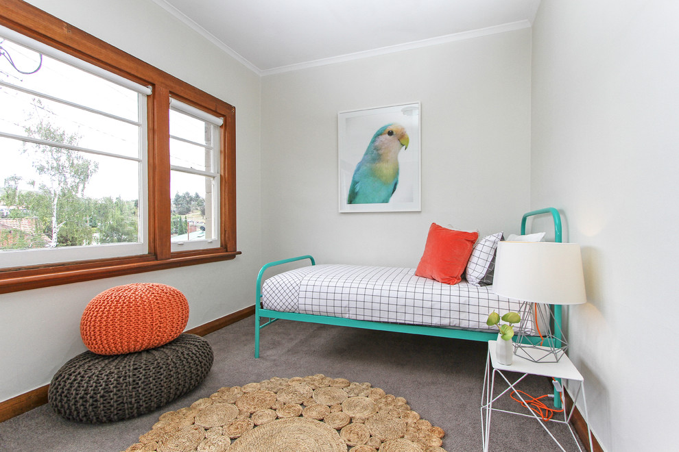 Modernes Schlafzimmer mit grauer Wandfarbe und Teppichboden in Hobart