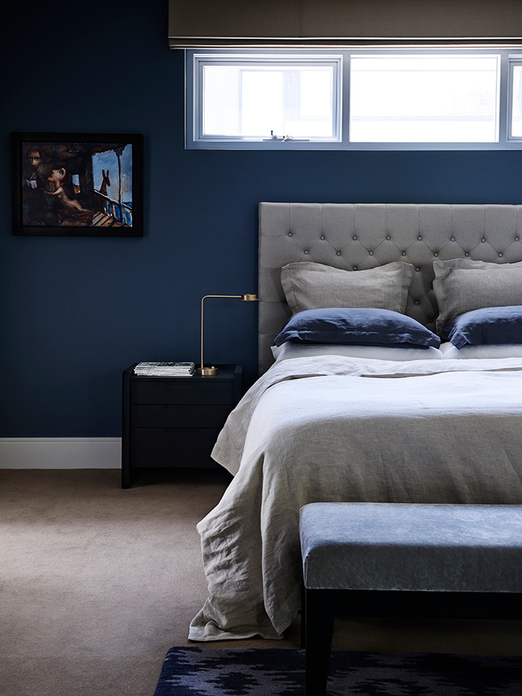 Bedroom - contemporary carpeted bedroom idea in Melbourne with blue walls