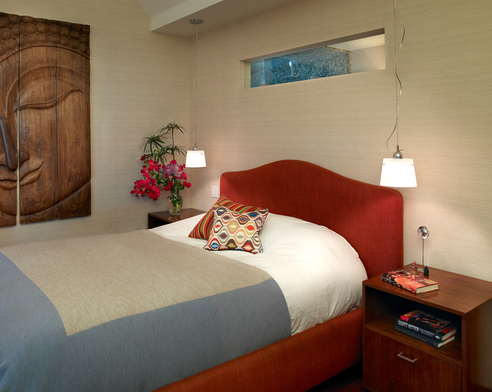 Contemporary bedroom in Los Angeles with beige walls.