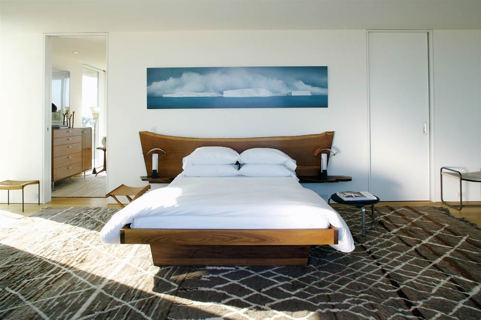 Ispirazione per una camera da letto minimal con pareti bianche, pavimento in legno massello medio e nessun camino